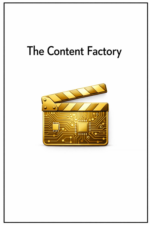 Gold clapperboard with circuit board design on a white background, featuring 'The Content Factory' text.