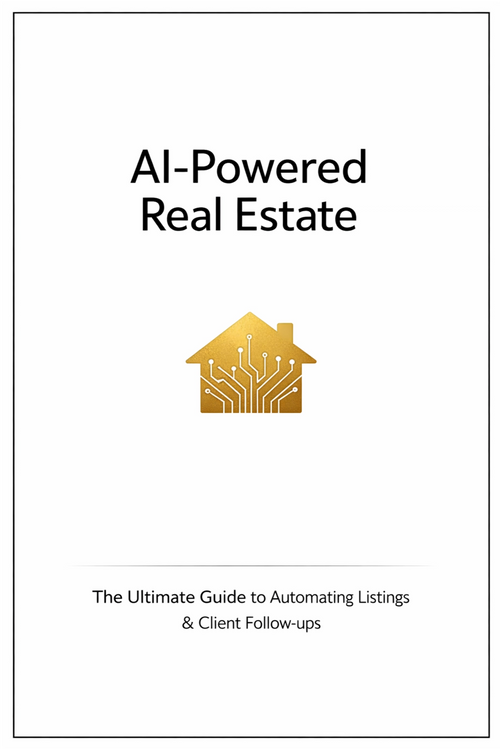 Cover of 'AI-Powered Real Estate' guide with a gold house icon on a white background